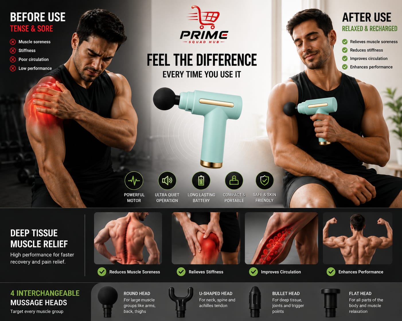 Rechargable Massage Gun with 4 Different Heads